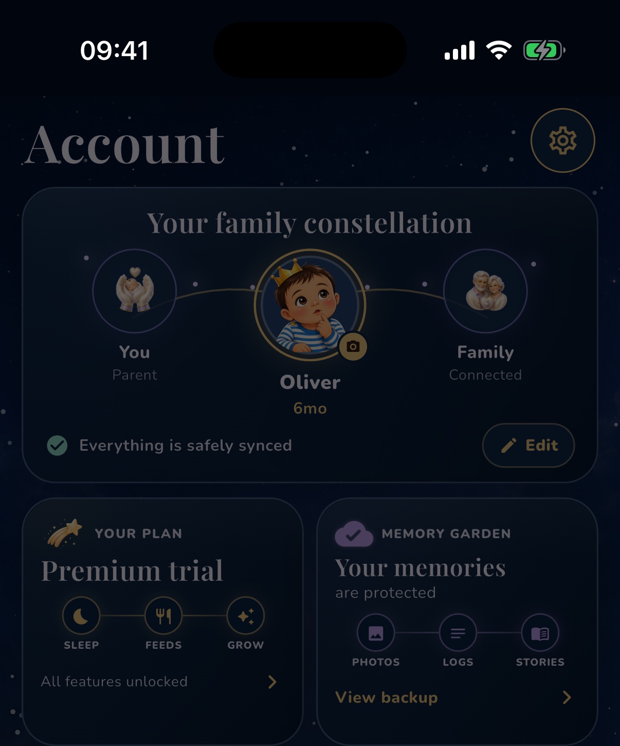 The current OBubba Account screen showing the family constellation, active example baby and family sync status.
