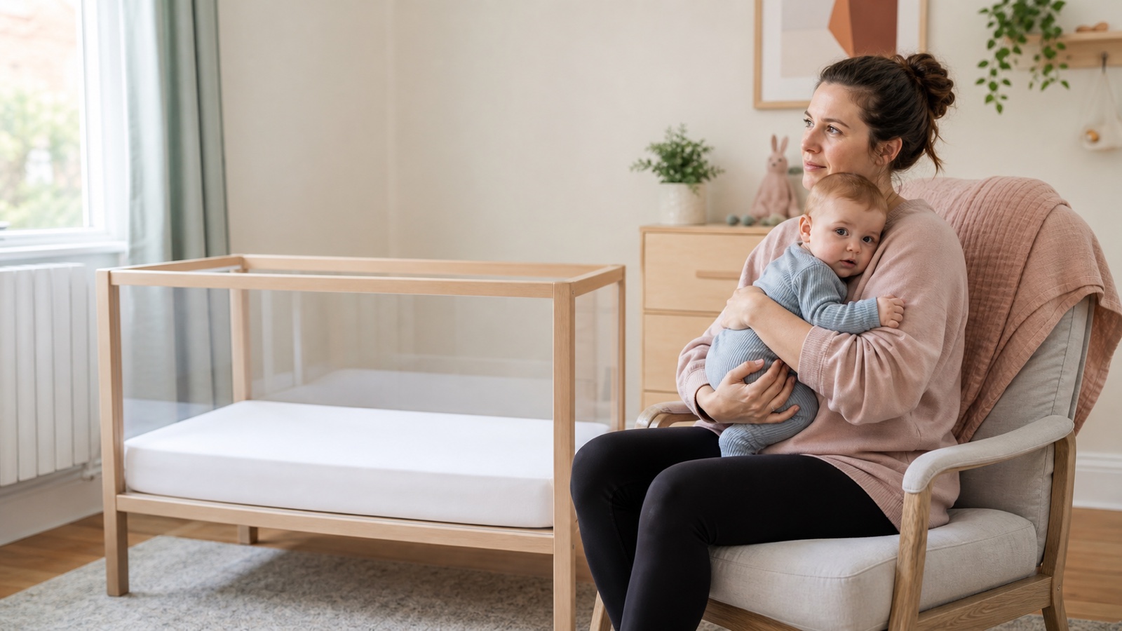 A calm parent holds an awake baby beside a clear cot during a gentle daytime nap reset.