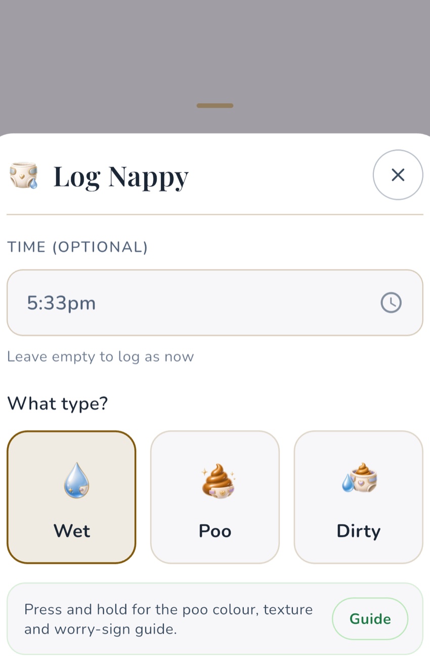 The current OBubba Log Nappy sheet showing the optional time field, Wet, Poo and Dirty choices, and access to the poo colour, texture and worry-sign guide