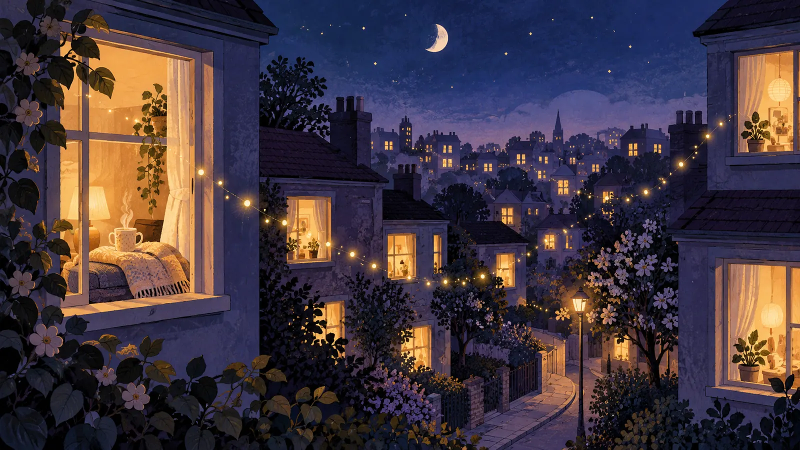 Warm lights in neighbouring windows on a quiet night, connected by small golden lights
