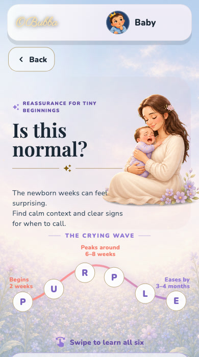 The real OBubba native Flutter Is this normal screen, with a calm newborn reassurance library that includes vitamin D guidance
