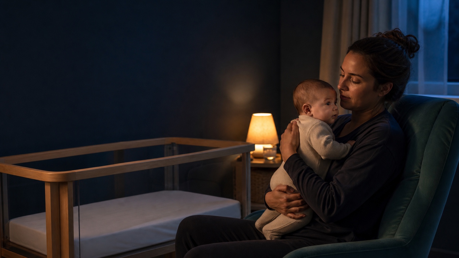 An awake caregiver holds a calm, alert baby upright after a night feed beside a clear cot.