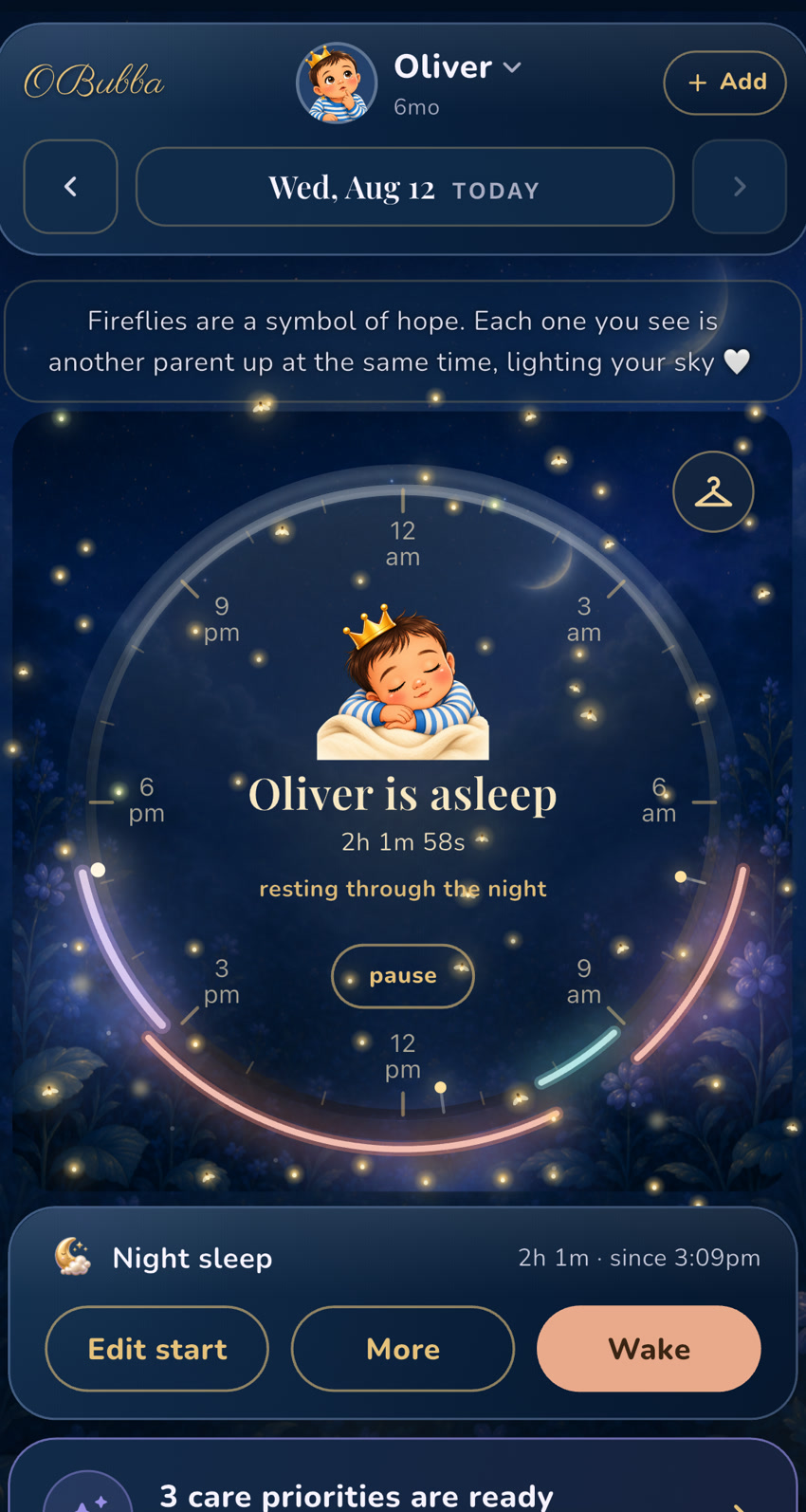 The actual OBubba night-sleep screen, where Pause records a real wake without ending the overnight sleep.