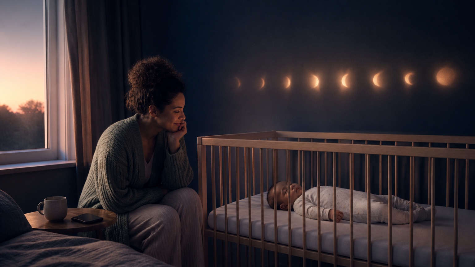 A parent quietly notices a run of gentler nights while their baby sleeps on their back in a clear cot.