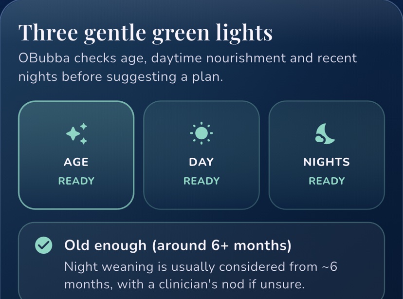 OBubba’s genuine night-weaning screen separates age, daytime feeding and baseline-night checks from the simpler week-over-week trend.