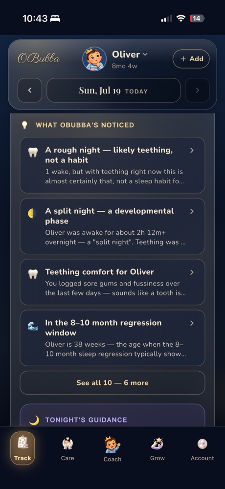 OBubba noticed screen showing developmental context alongside logged sleep patterns
