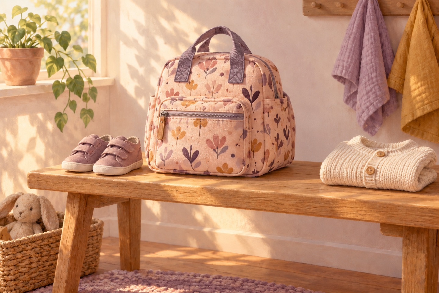 A small floral nursery bag, tiny shoes and folded cardigan waiting on a wooden bench in warm morning light.
