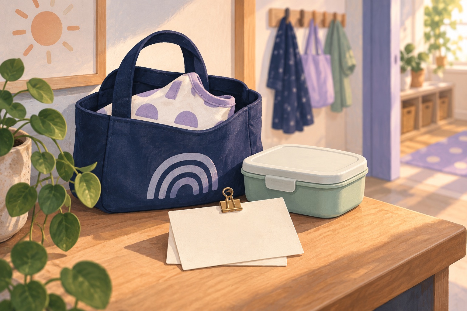 An illustrated nursery tote, closed food container and blank clipped food notes ready for a parent and carer to compare before the day begins.
