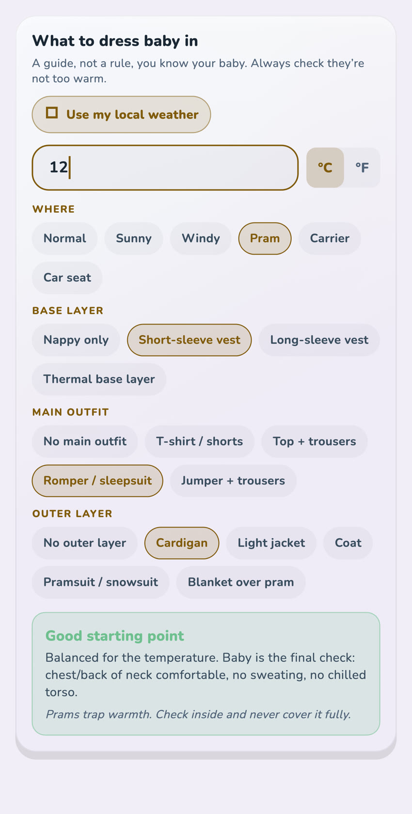Current OBubba Outdoor Outfit calculator using fictional example temperature, context and layer selections