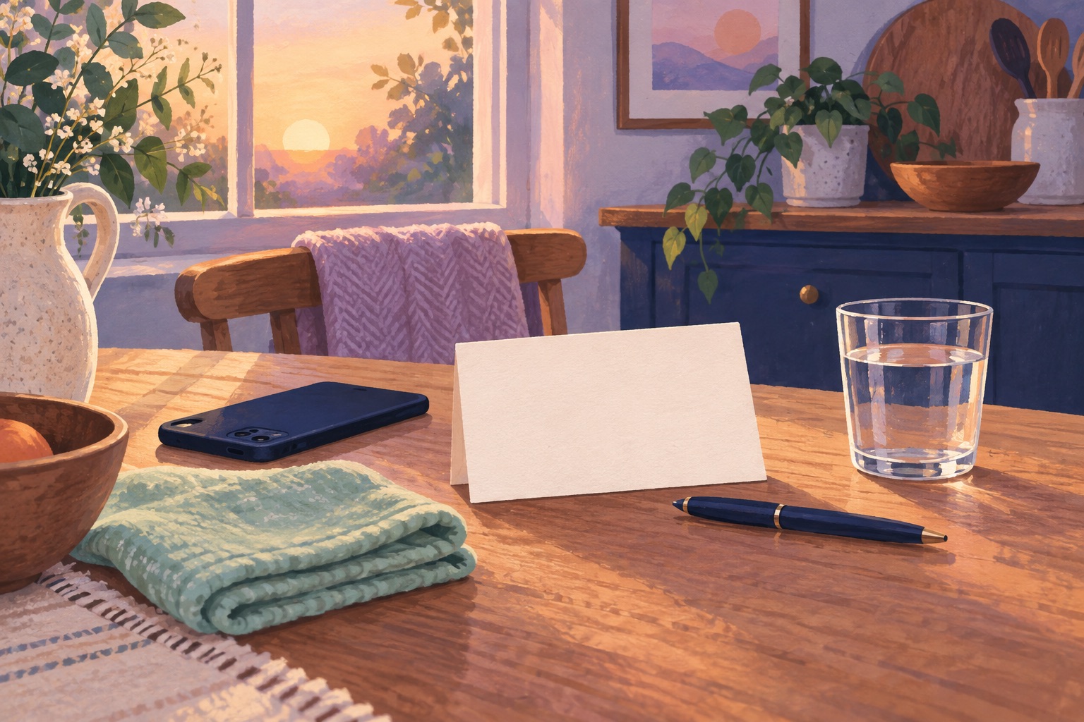 An illustrated, blank handover card, pen, water glass and folded cloth on a warm kitchen table—ready for one caregiver to leave a simple plan for another.