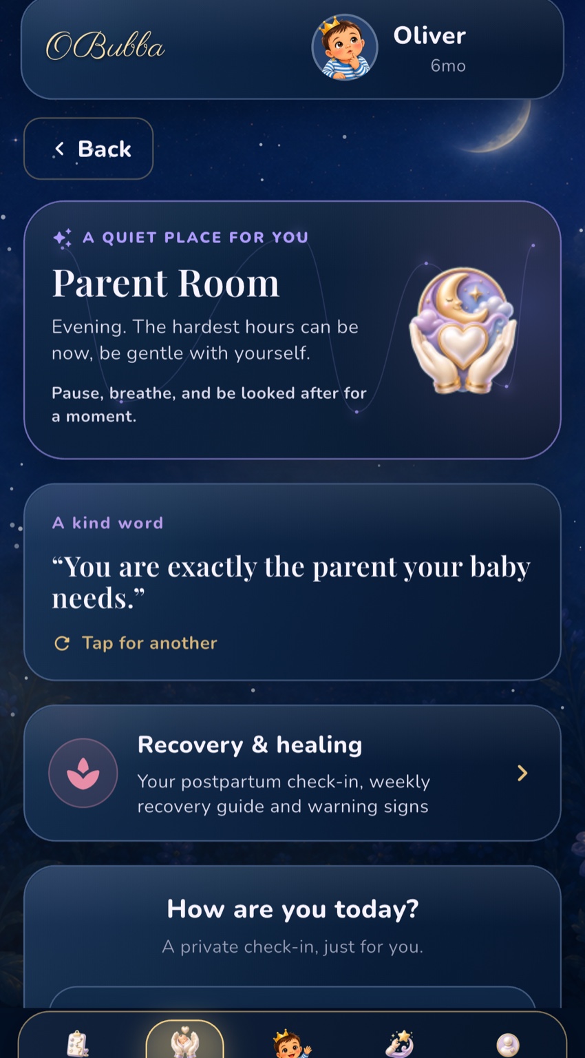 The current OBubba Parent Room screen with a gentle evening message, recovery route and private check-in.