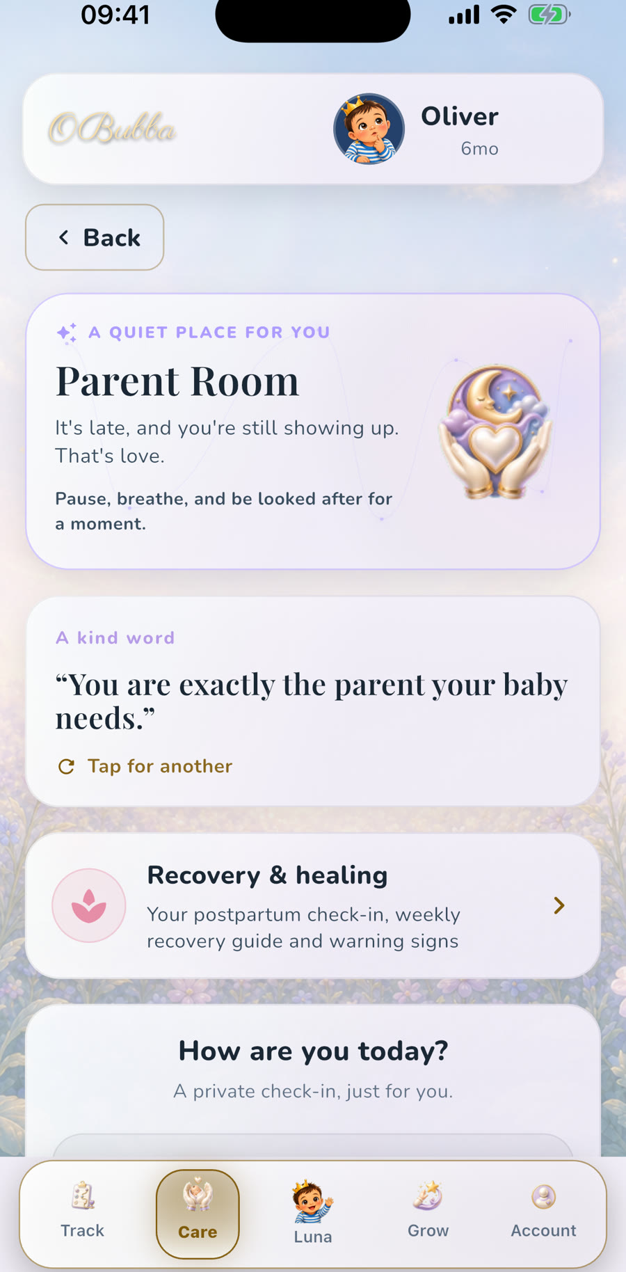 The genuine OBubba Parent Room with its quiet-place hero, rotating kind word, recovery card and private mood check-in.