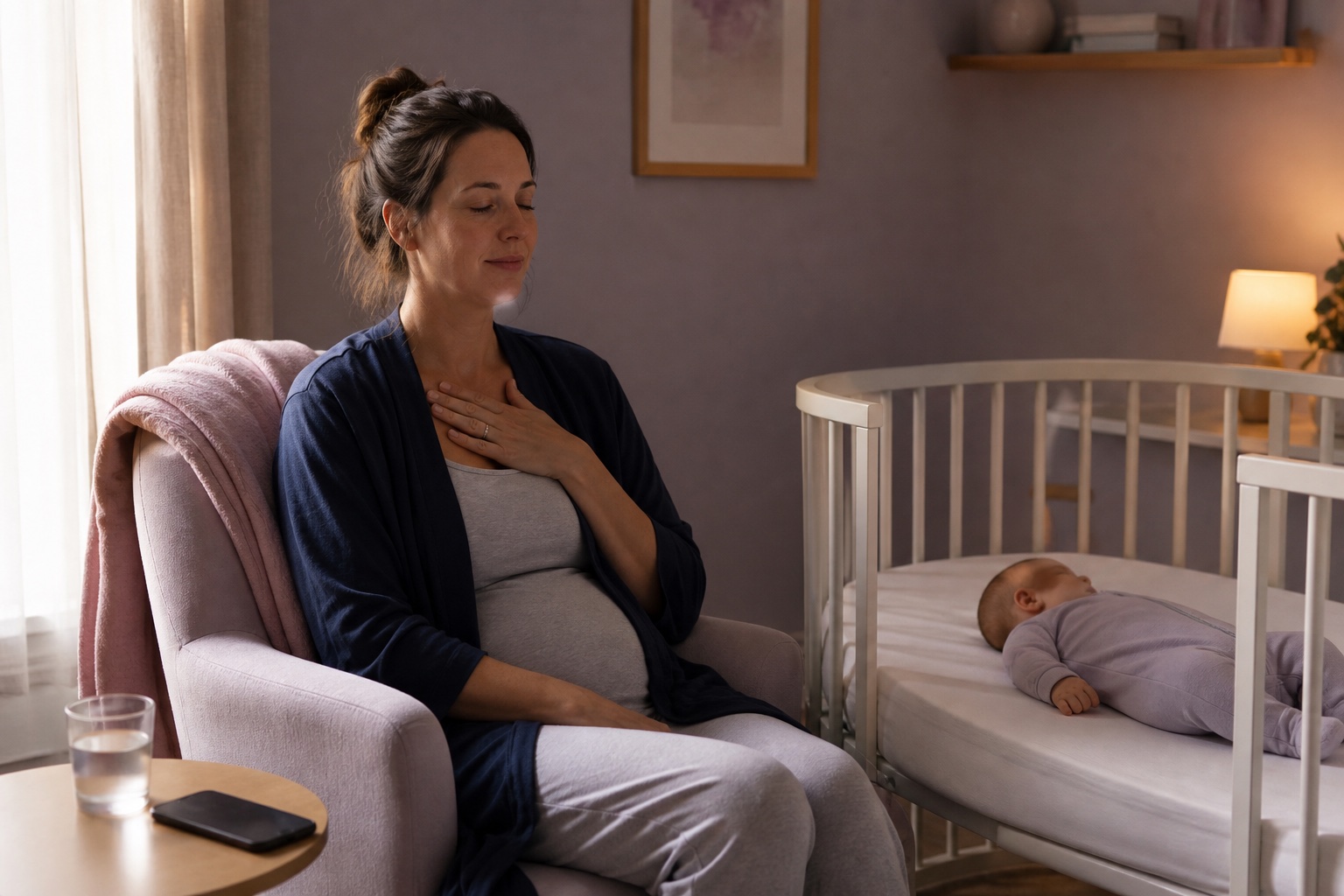 A new mother pauses for a slow breath while her baby sleeps safely in a clear cot nearby.