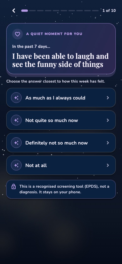 The real OBubba EPDS check shows one question at a time, a ten-step progress path and a plain privacy boundary.