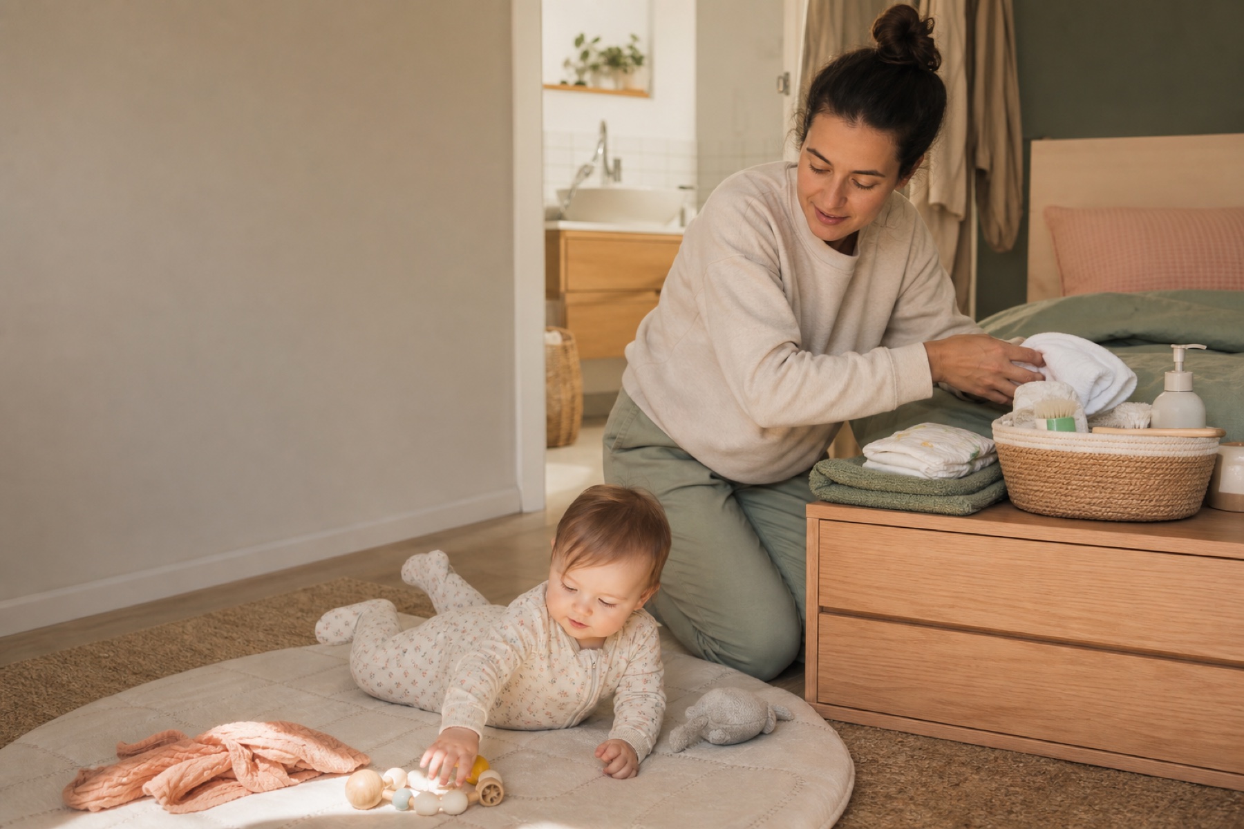 A parent prepares a towel and bath supplies while staying beside an awake baby after a nap.