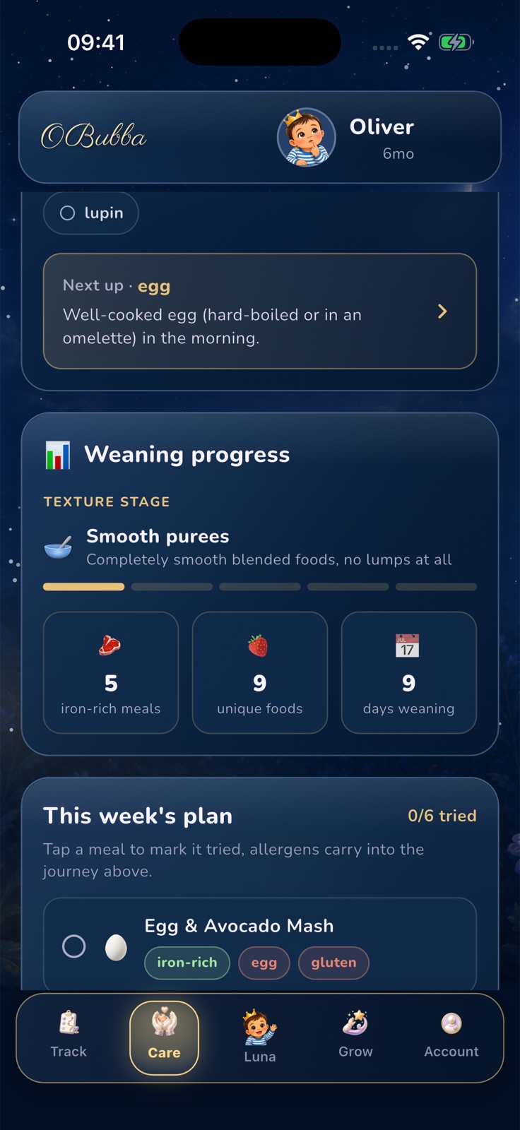 The current OBubba Weaning screen showing the child’s progress card and a locally generated six-meal plan with its own 0/6 tried counter.
