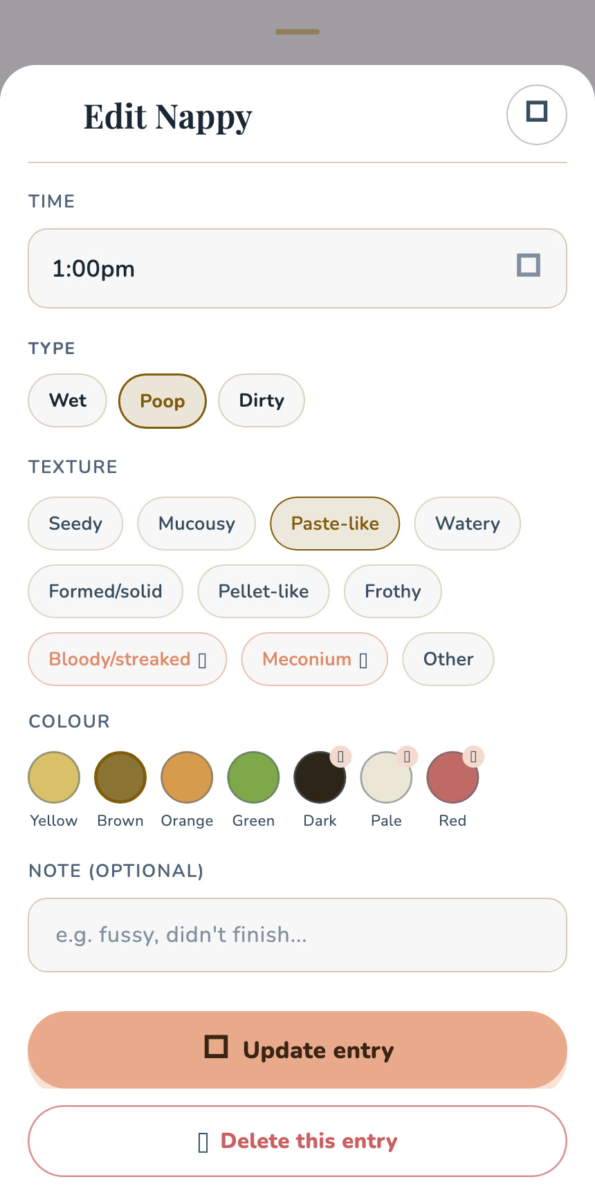 The current OBubba nappy log showing a paste-like brown poo, texture choices and warning markers on blood-streaked, pale, red and dark options