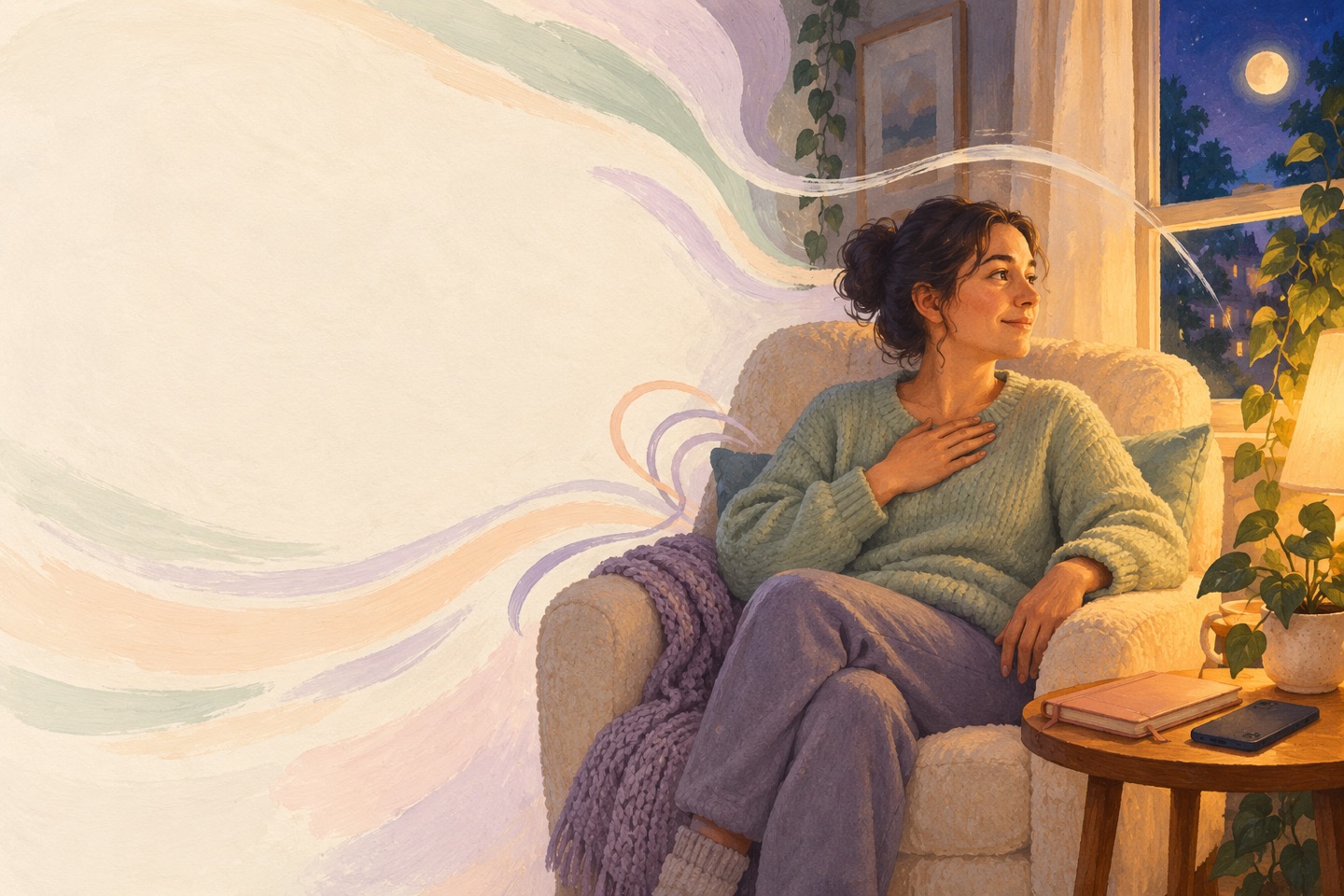 A new parent pauses in an armchair at night, with a closed notebook and phone face down beside them; no baby or sleep position is depicted.