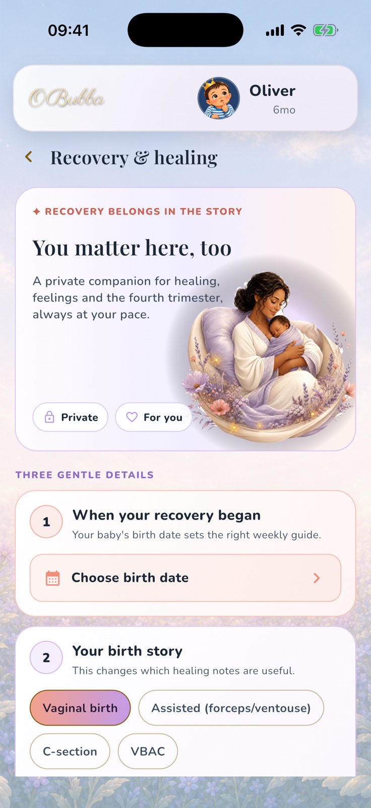 The genuine OBubba Recovery & healing setup shows its three-detail path and birth-type choices.