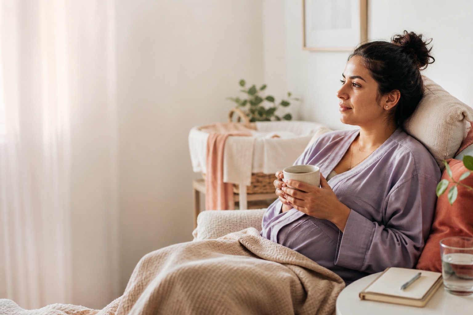 A postpartum parent rests in gentle morning light with water and a notebook nearby.