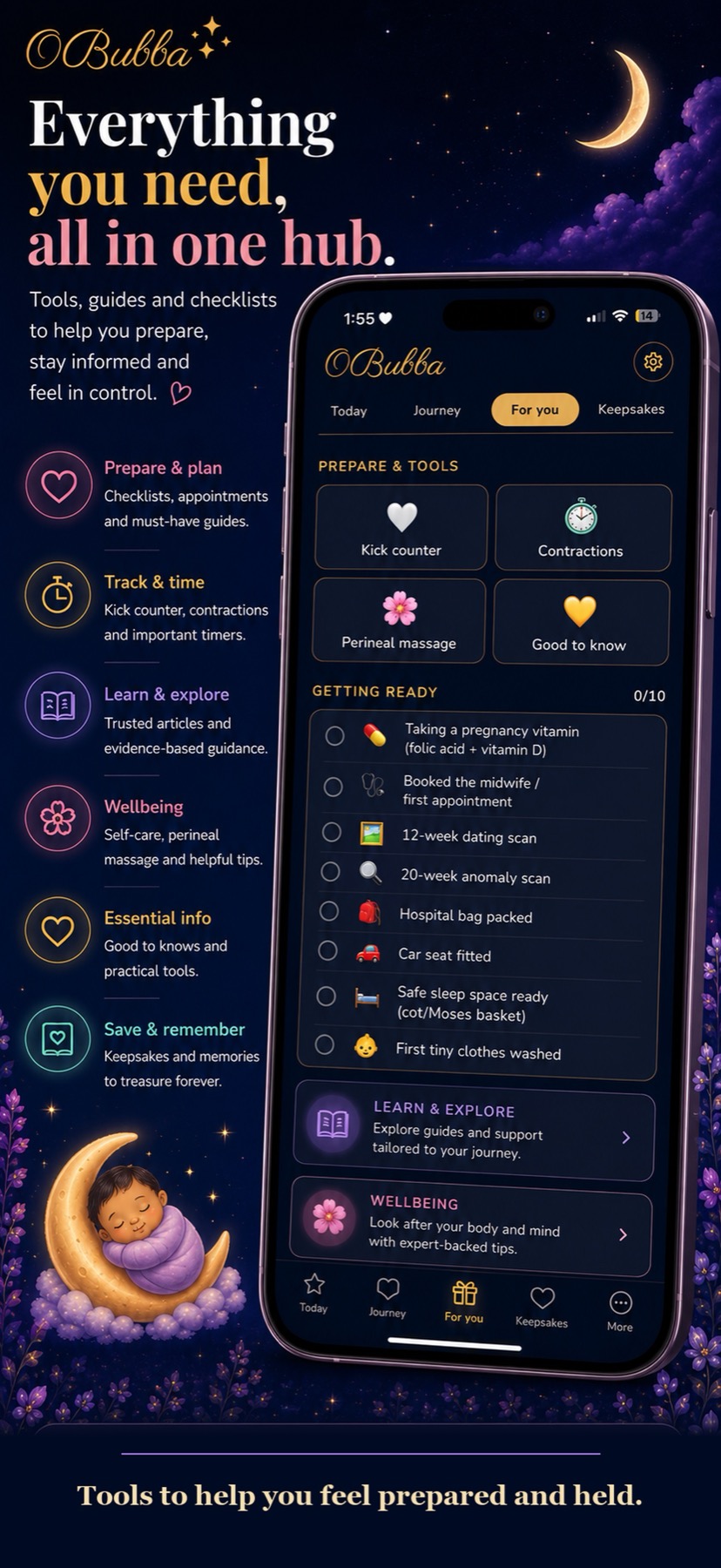 The real OBubba pregnancy experience, including preparation tools, a readiness checklist and support for the parent.