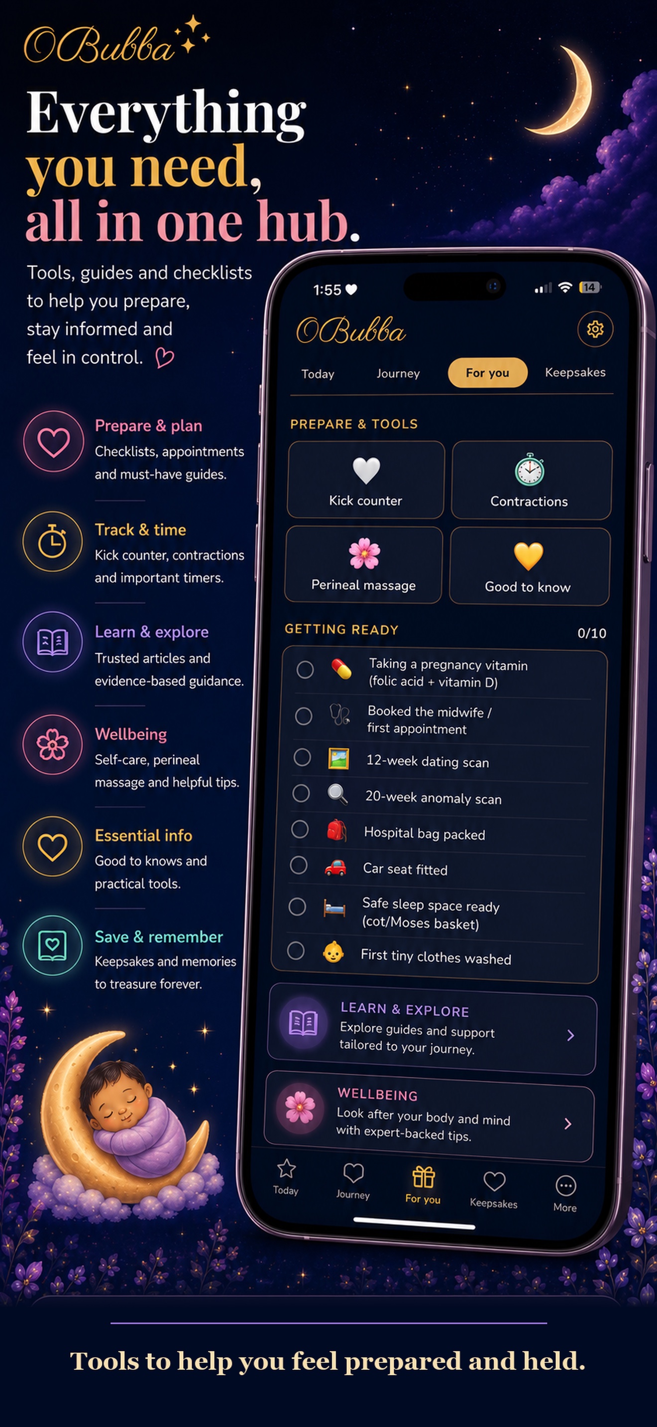 An OBubba campaign visual featuring the current For you screen, preparation tools and wellbeing route.