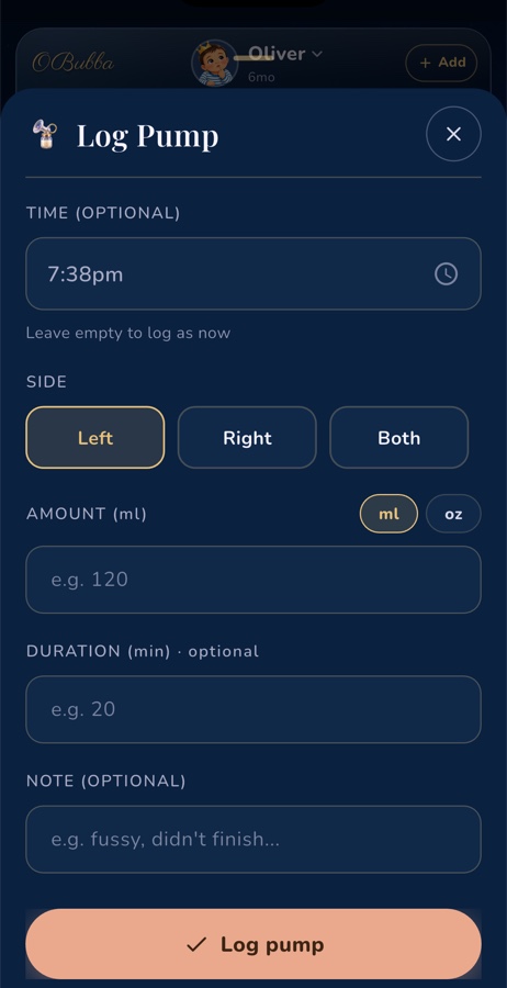 OBubba’s current pumping log, showing side, volume, unit, duration and note fields for a fictional example baby.