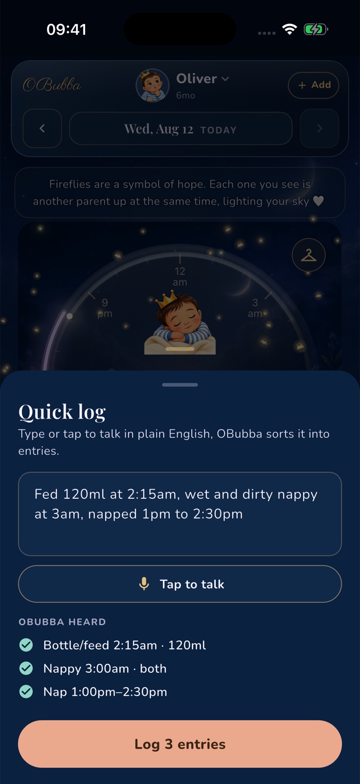 The real OBubba Quick Log screen showing one sentence parsed into three baby-care entries ready for review.