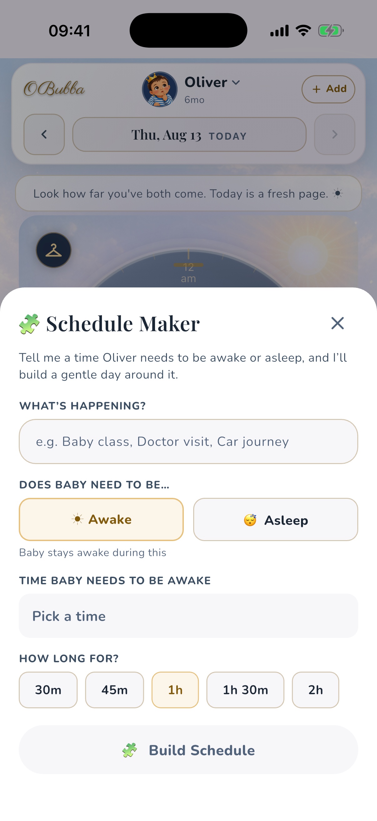 The related OBubba Schedule Maker screen in the current app, where parents can shape the sleep plan that rhythm-anchored tasks resolve against.