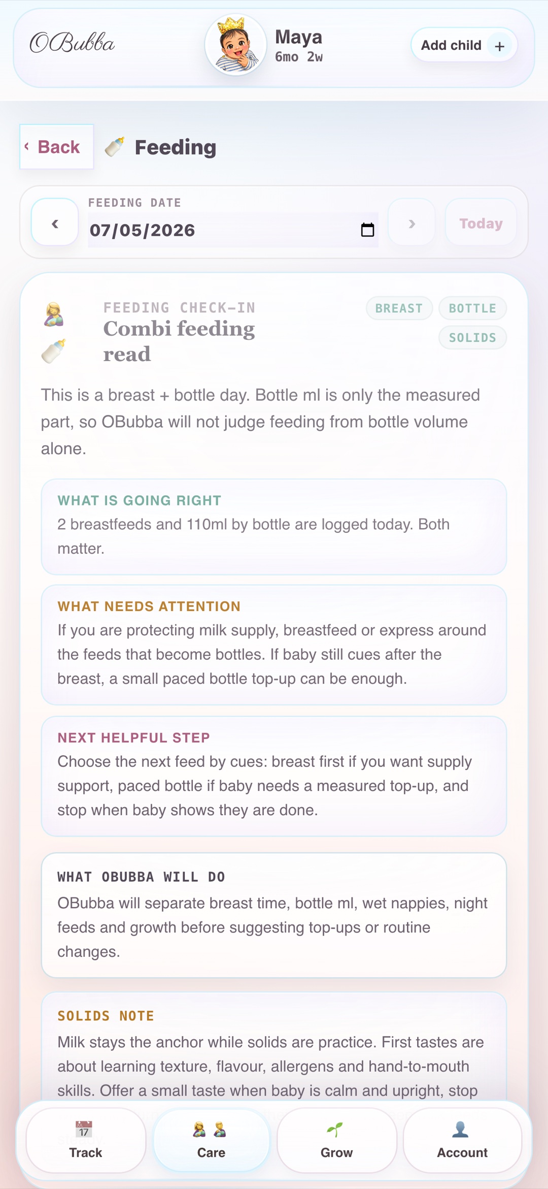 OBubba feeding insight with personalised patterns