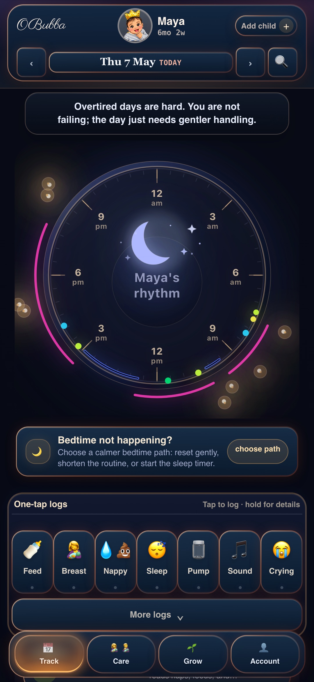 OBubba night-mode rhythm clock showing wake windows and predicted sleep