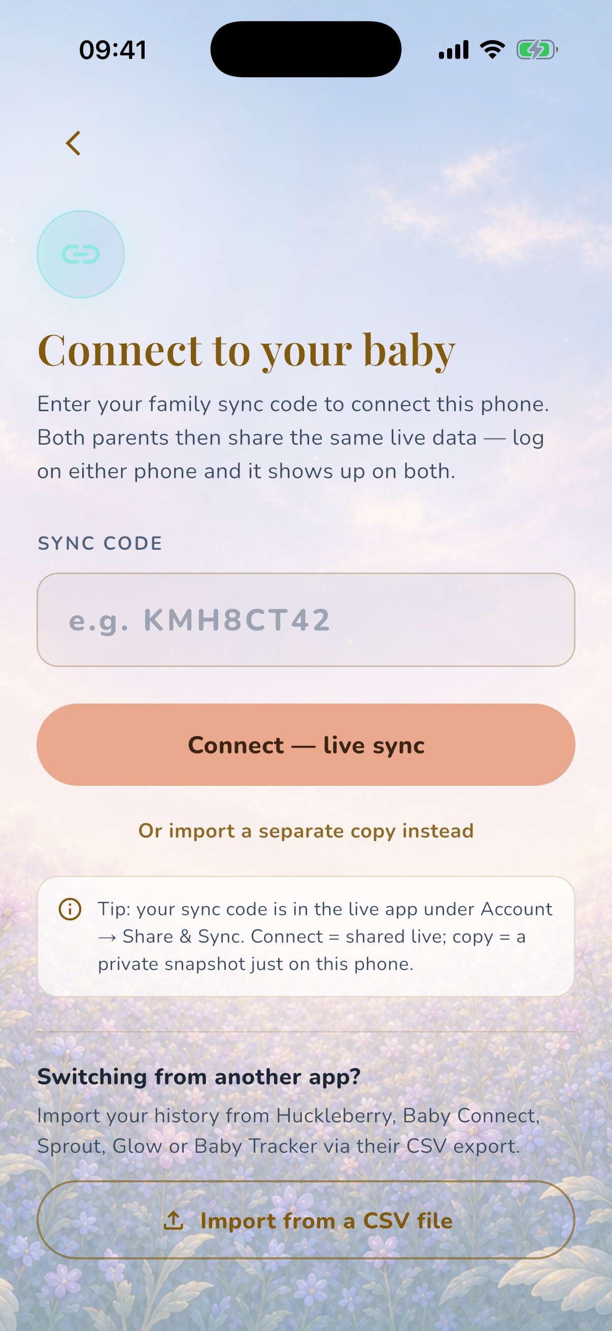 The current OBubba connection screen explaining that Connect—live sync links another phone to the same changing baby record, while importing a copy creates a separate snapshot.