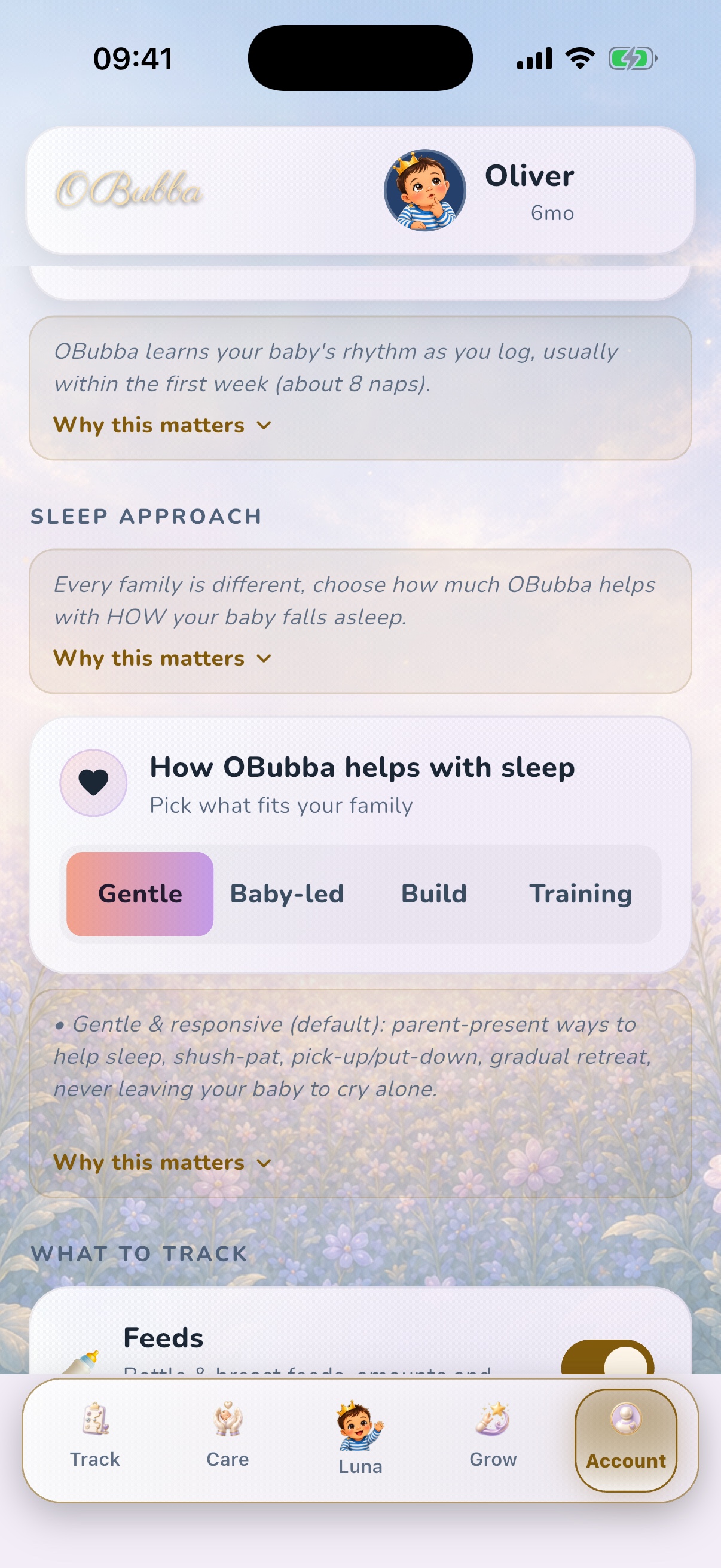 The genuine OBubba Preferences screen showing the four parent-controlled sleep approaches.