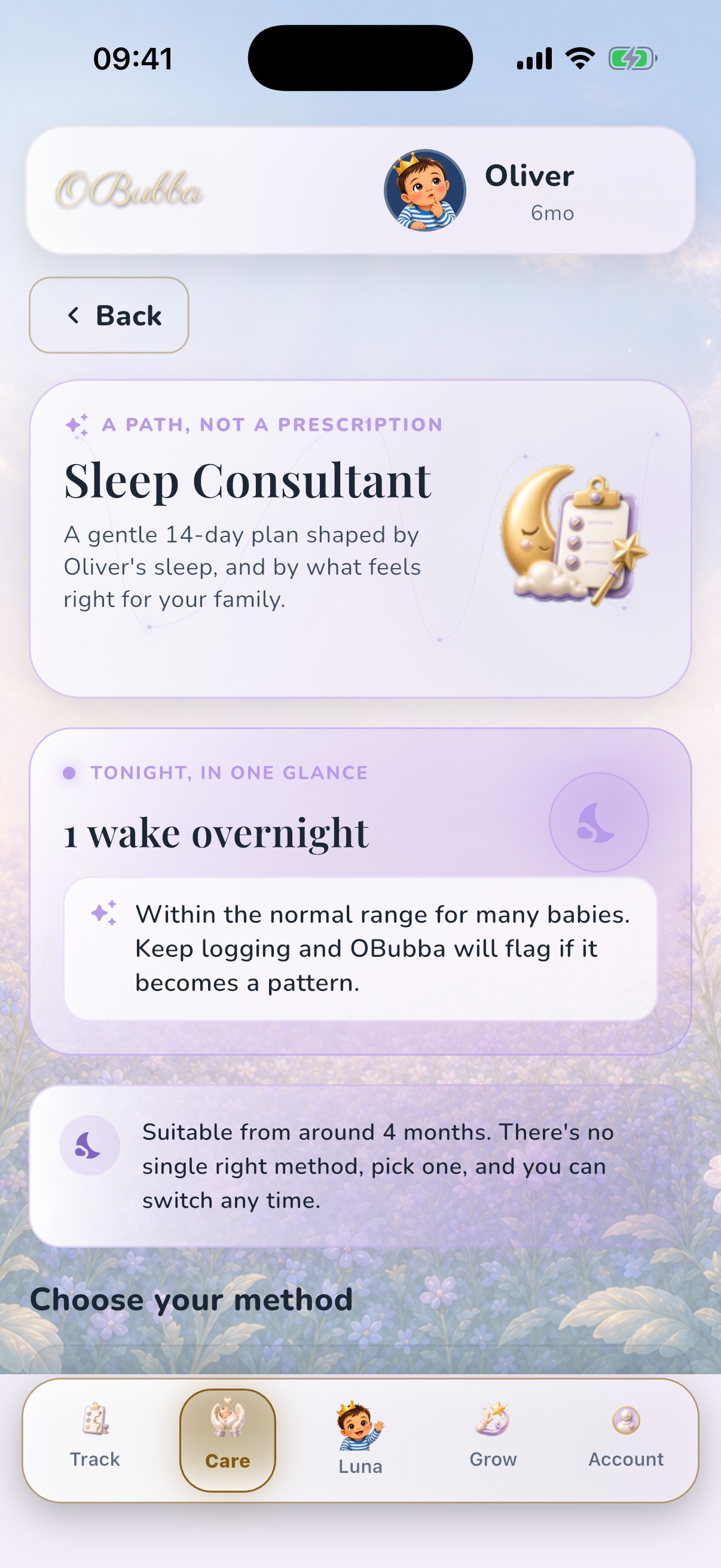 The current OBubba Sleep Consultant screen showing a gentle 14-day path, one-wake overnight context and age-gated method choice.