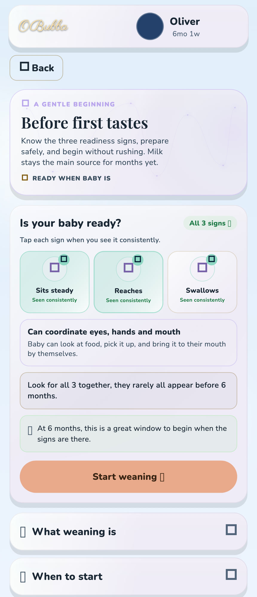 A genuine current OBubba screen showing the three readiness observations checked for a baby aged six months and one week.