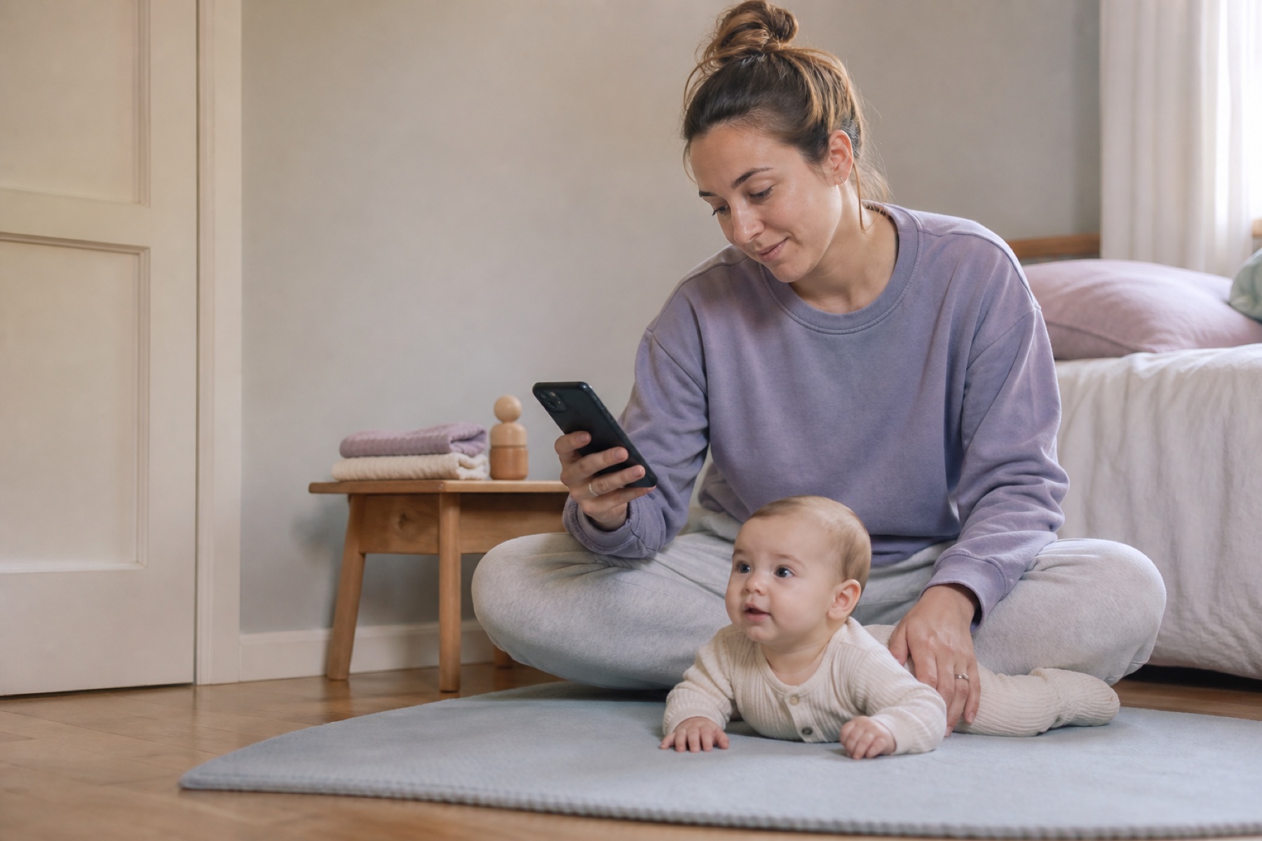 A parent takes one quiet minute to set up a baby-care app while remaining beside an awake baby on a clear play mat.
