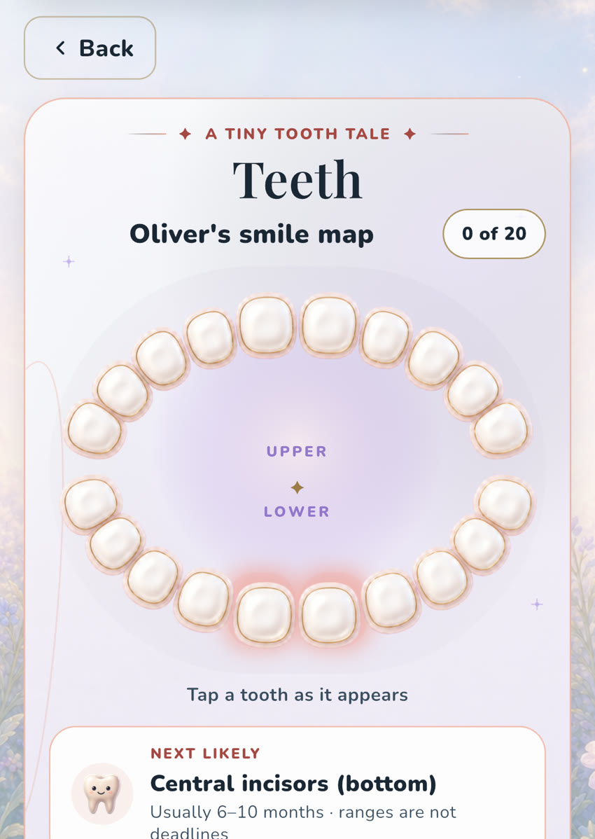 The real OBubba Smile map where a parent records the actual tooth and eruption date that can anchor later feeding and sleep comparisons.