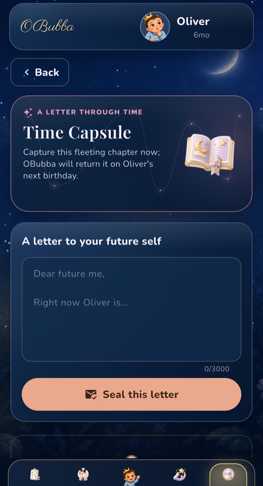 OBubba’s current Flutter Time Capsule screen showing a birthday reveal promise, 3,000-character composer and Seal this letter action for a fictional example child.