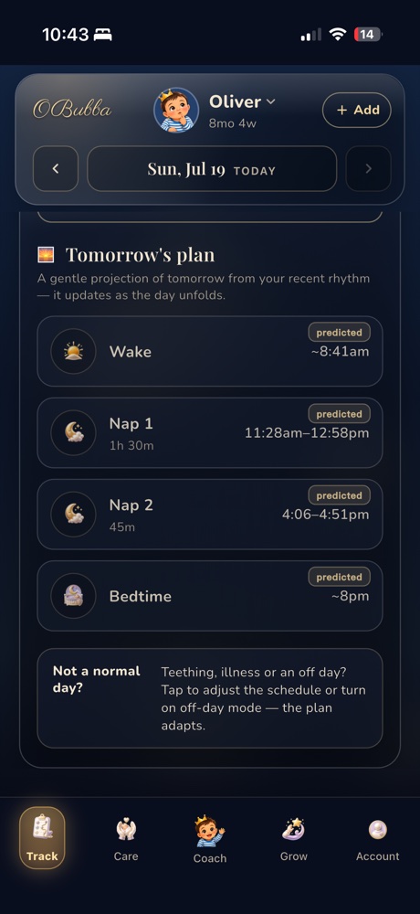 OBubba Tomorrow's plan screen predicting wake time, Nap 1, Nap 2 and bedtime from the baby's recent rhythm