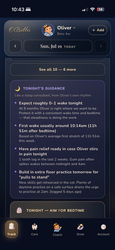 OBubba Tonight's guidance with contextual sleep information based on the moments a family logs