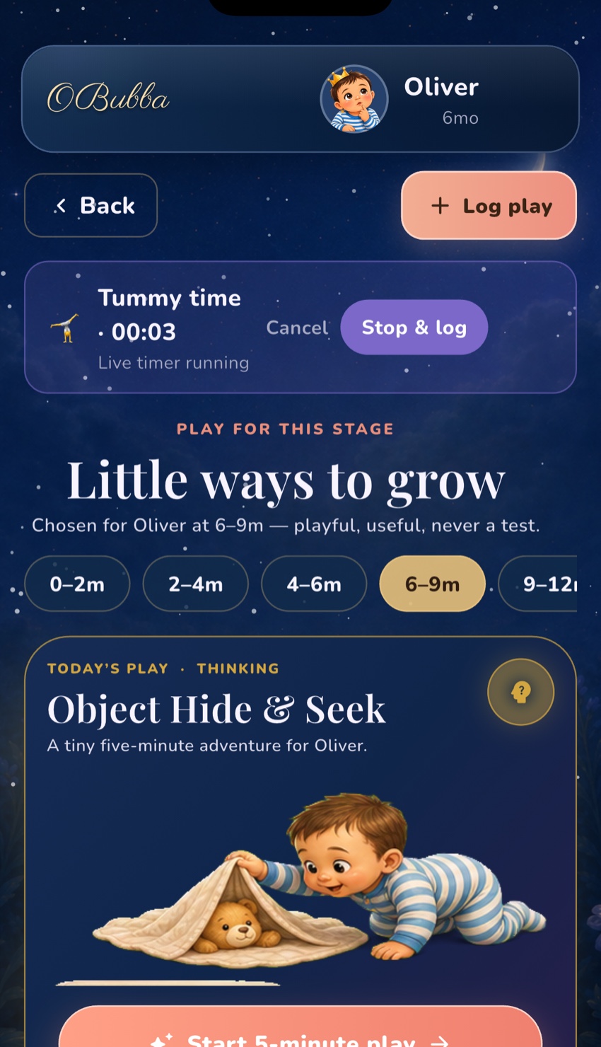 The current OBubba Activities screen showing an age-matched play band and a live tummy-time timer with Cancel and Stop & log controls.