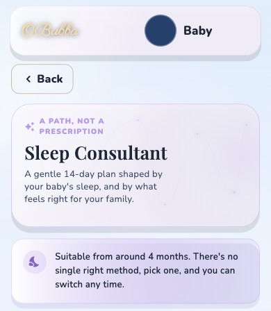 The genuine OBubba Sleep Consultant entry screen, describing a gentle 14-day path shaped by the baby’s sleep and the family’s preferences.