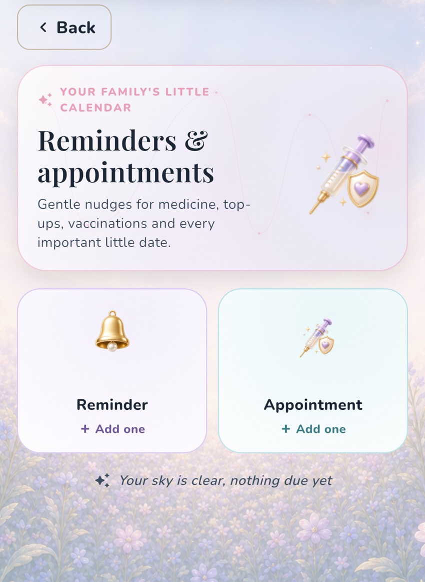 OBubba's current Reminders & appointments screen, showing separate places for a reminder and a booked appointment.