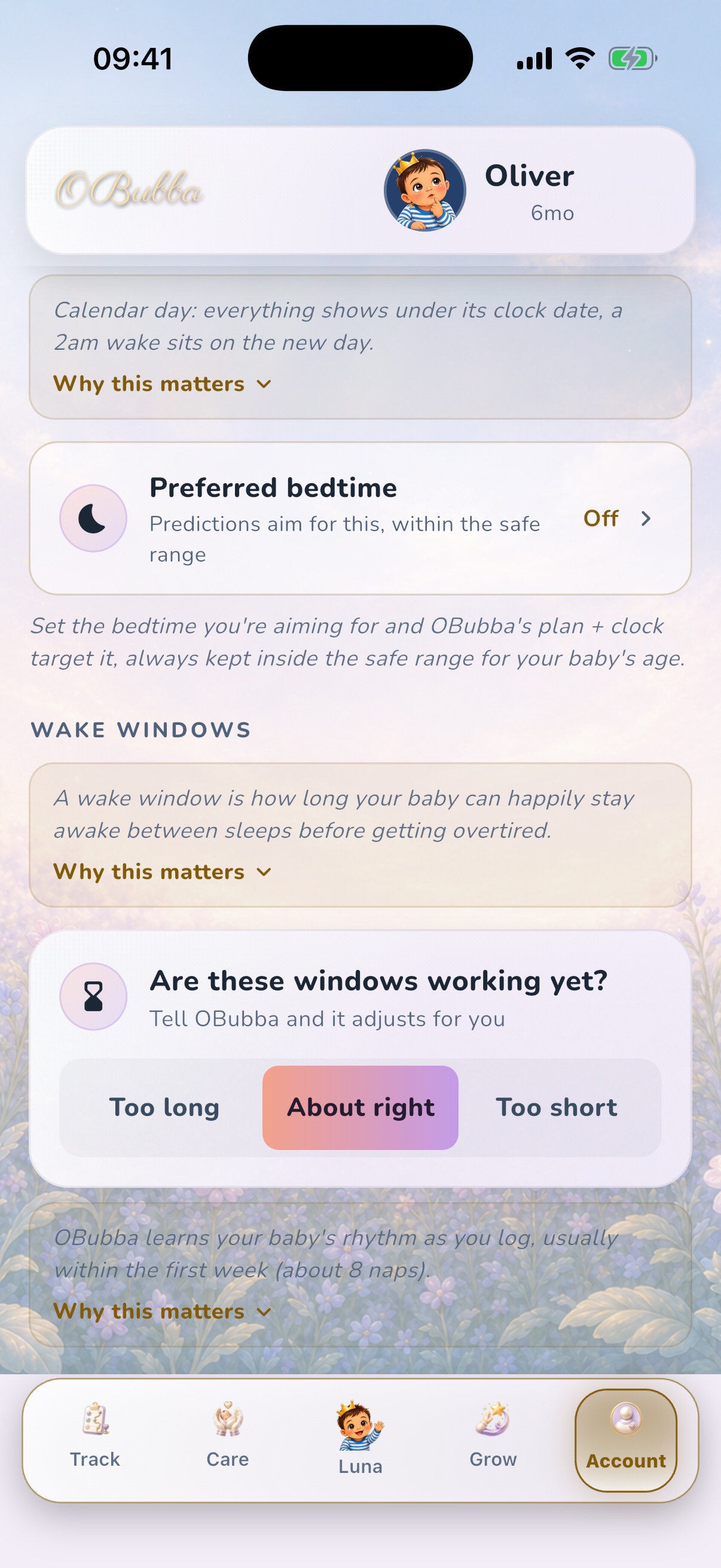 The real OBubba wake-window preference asks the parent whether the suggested windows feel too long, about right or too short.