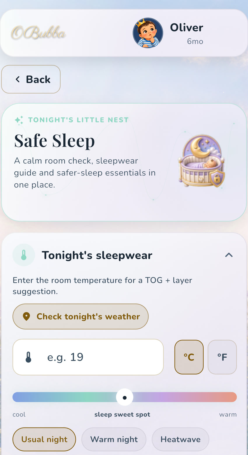 The current OBubba Safe Sleep screen with a room-temperature field, Celsius or Fahrenheit choice and a visual cool-to-warm scale.