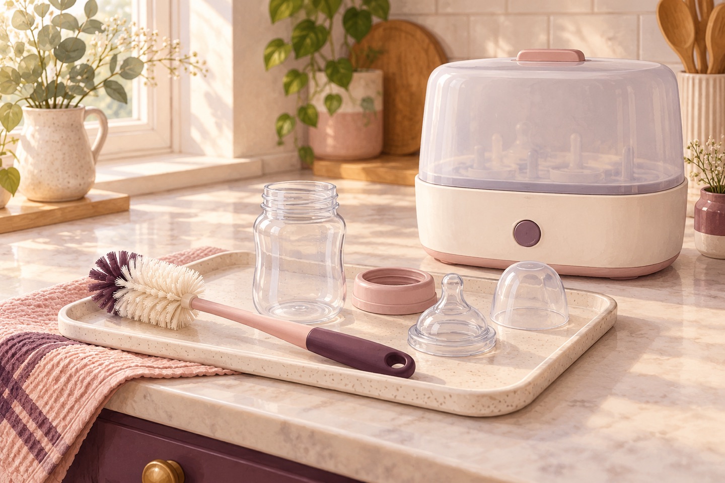 An empty, disassembled baby bottle and teat beside a bottle brush, with a closed steam steriliser behind them on a kitchen counter.
