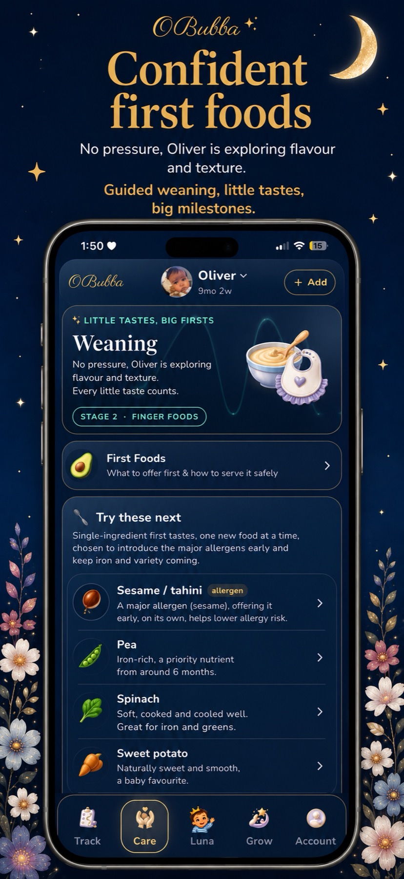 Official OBubba screenshot showing first tastes, allergens, recipe ideas and weekly weaning planning.