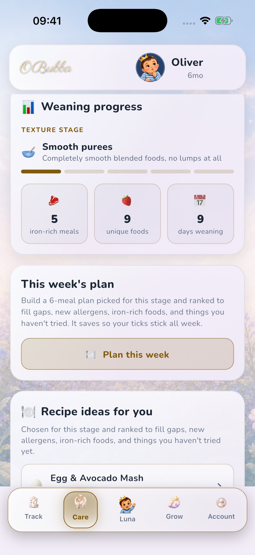 The real OBubba Weaning progress screen showing food history, texture context, recipe ideas and the saved six-meal weekly plan.