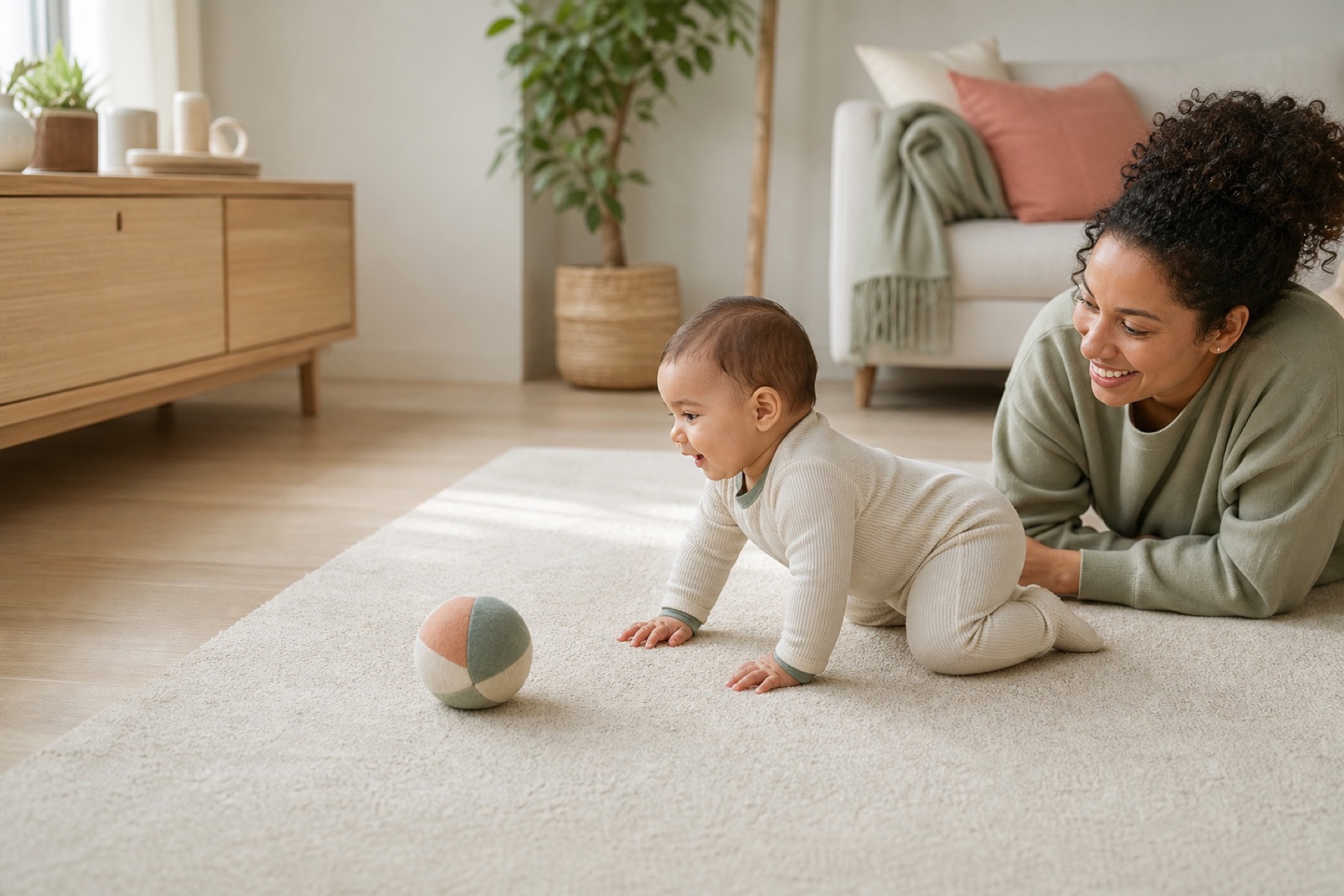 A baby practising movement on a clear floor with a parent close by, illustrating OBubba's calm guide to crawling signs.