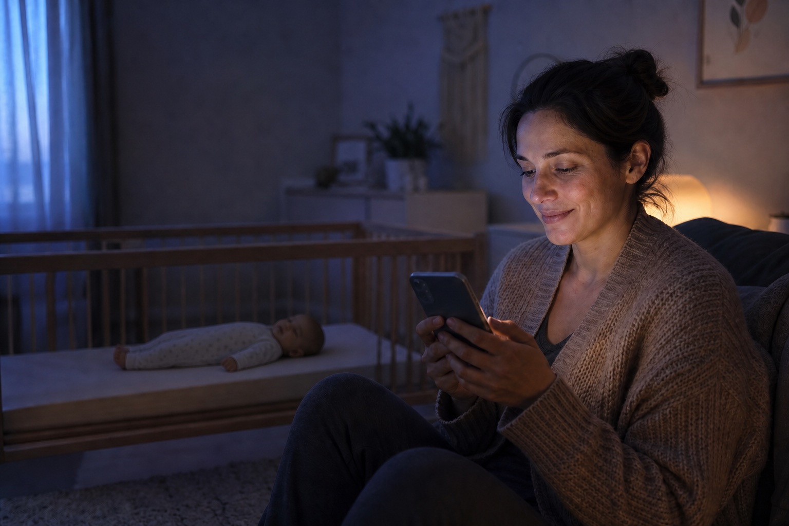 A tired parent quietly noticing progress on their phone while their baby sleeps on their back in a clear separate cot.